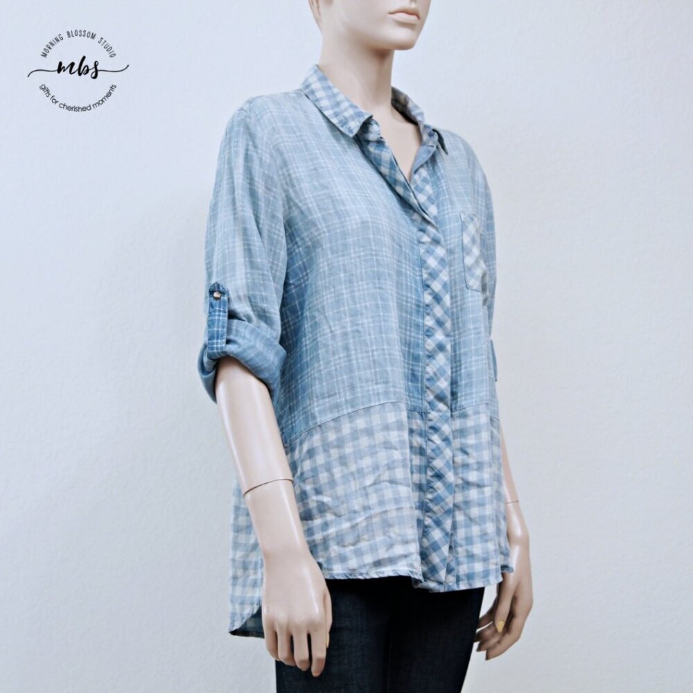 NWOT Korye Checkered Plaid Long Sleeve Roll Tab Button Down Shirt Blue Women XL - Picture 8 of 13